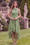 Halter A Line High Low Sage Flower Wedding Guest Dress
