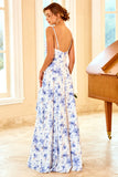 Blue Sheath Column Spaghetti Straps Floral Print Bridesmaid Dress