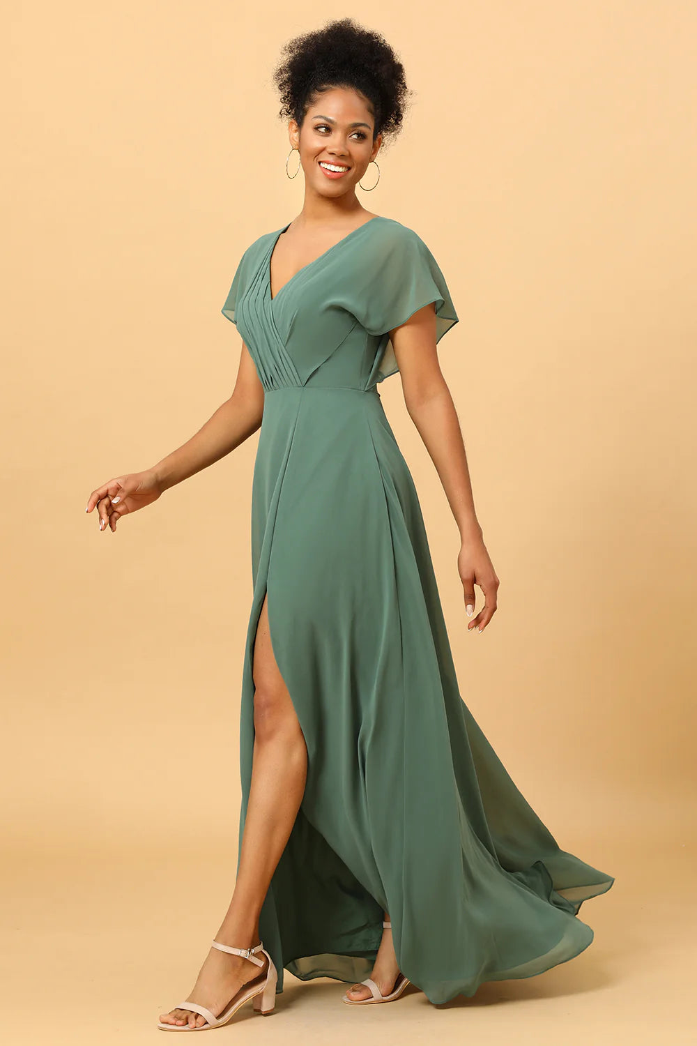 Eucalyptus A Line V Neck Ruched Long Chiffon Bridesmaid Dress with Slit