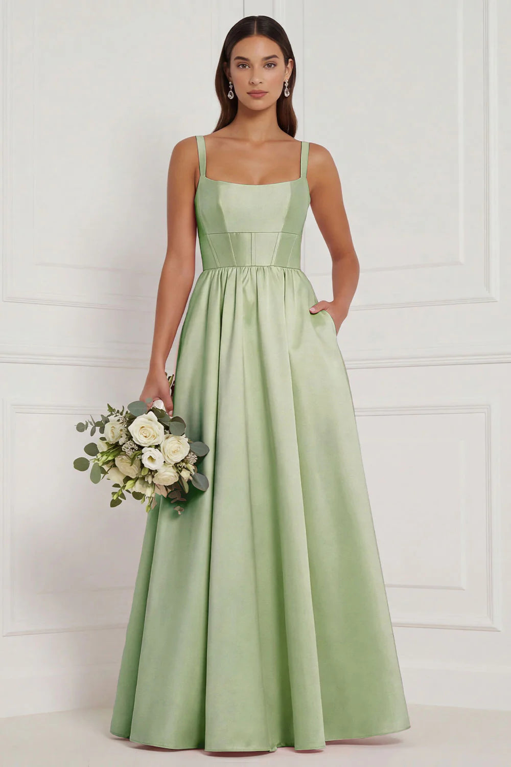 Lilac A Line Corset Satin Square Neck Long Bridesmaid Dress
