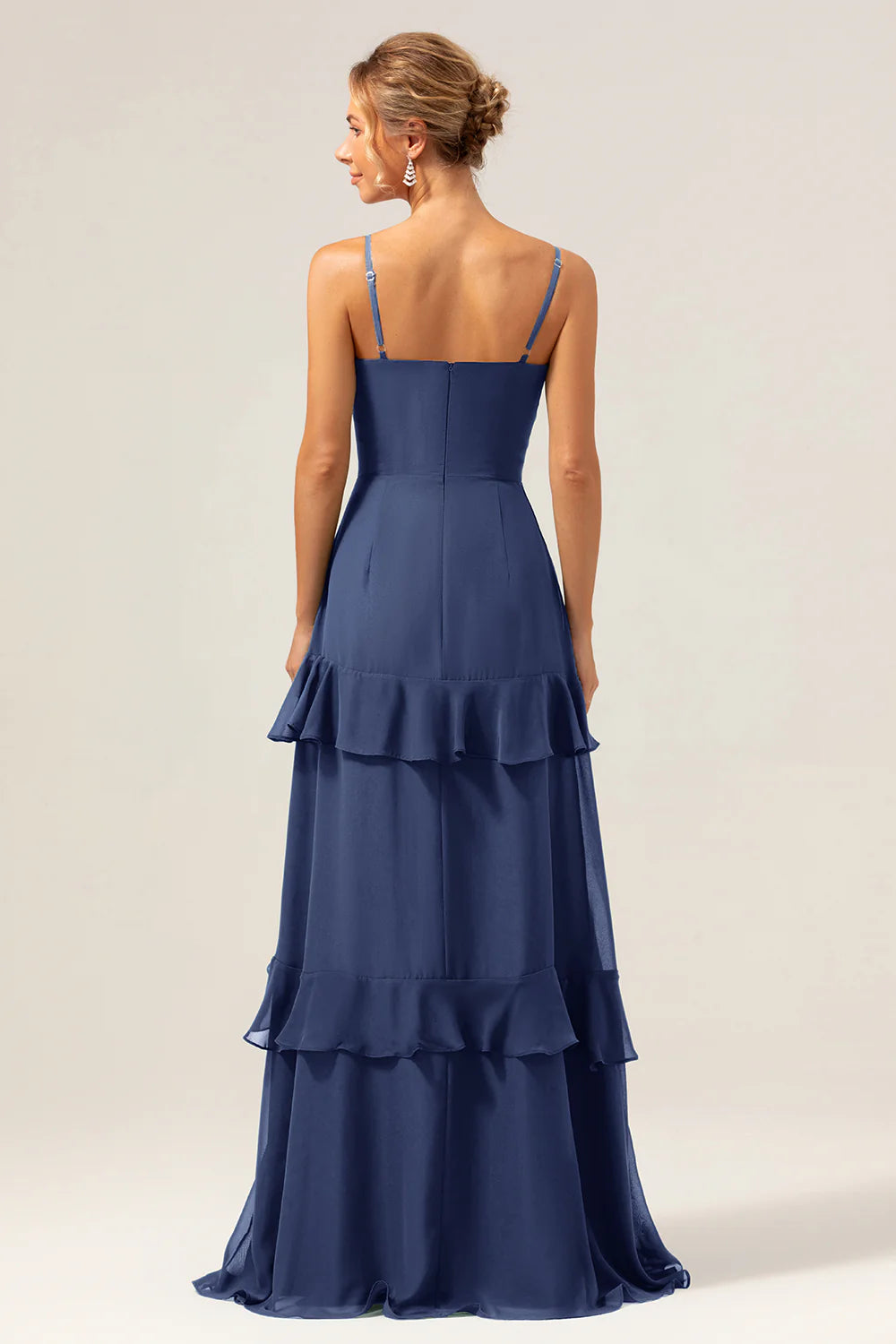 Dark Green A Line Spaghetti Straps Ruffled Chiffon Floor Length Bridesmaid Dress with Slit