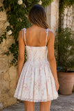 White Warm Rose Print Cotton Lace Trim Mini Dress