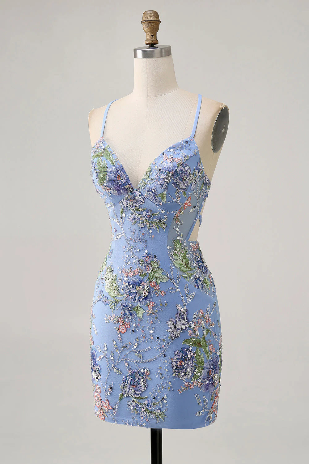 Sparkly Black Bodycon Spaghetti Straps Floral Short Homecoming Dress with Sequins