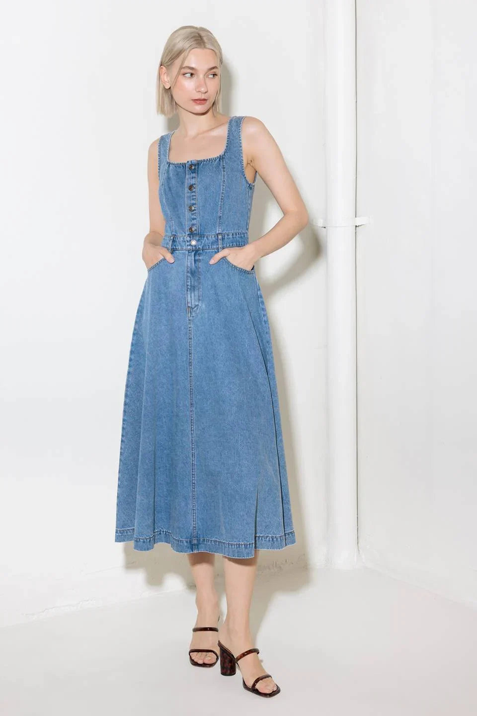 SOFTLY ROMANTIC SQUARE NECKLINE DENIM MIDI DRESS