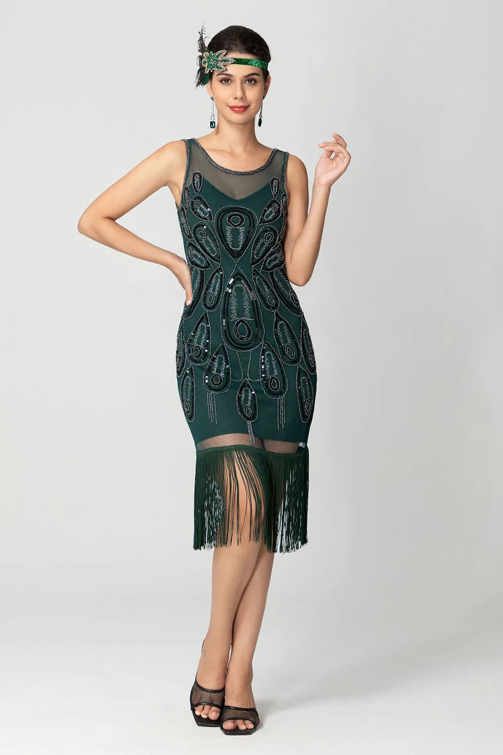 Black Sheath Sequins Fringed Illusion Neck 1920s Dress