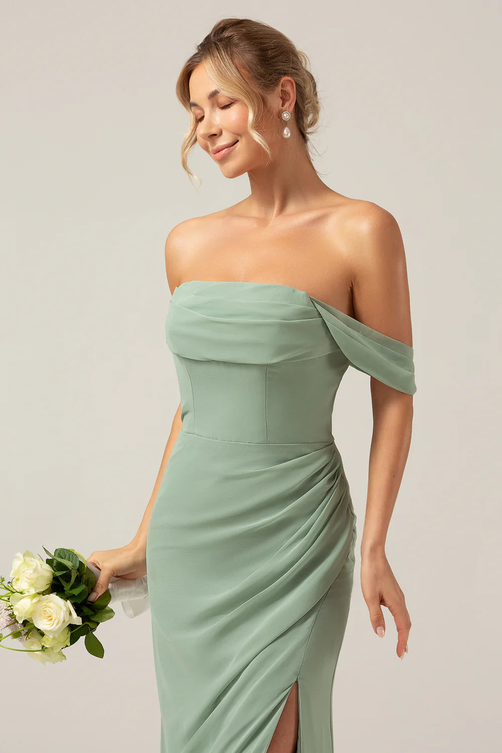 Dusty Sage Sheath Off the Shoulder Pleated Chiffon Bridesmaid Dress With Slit