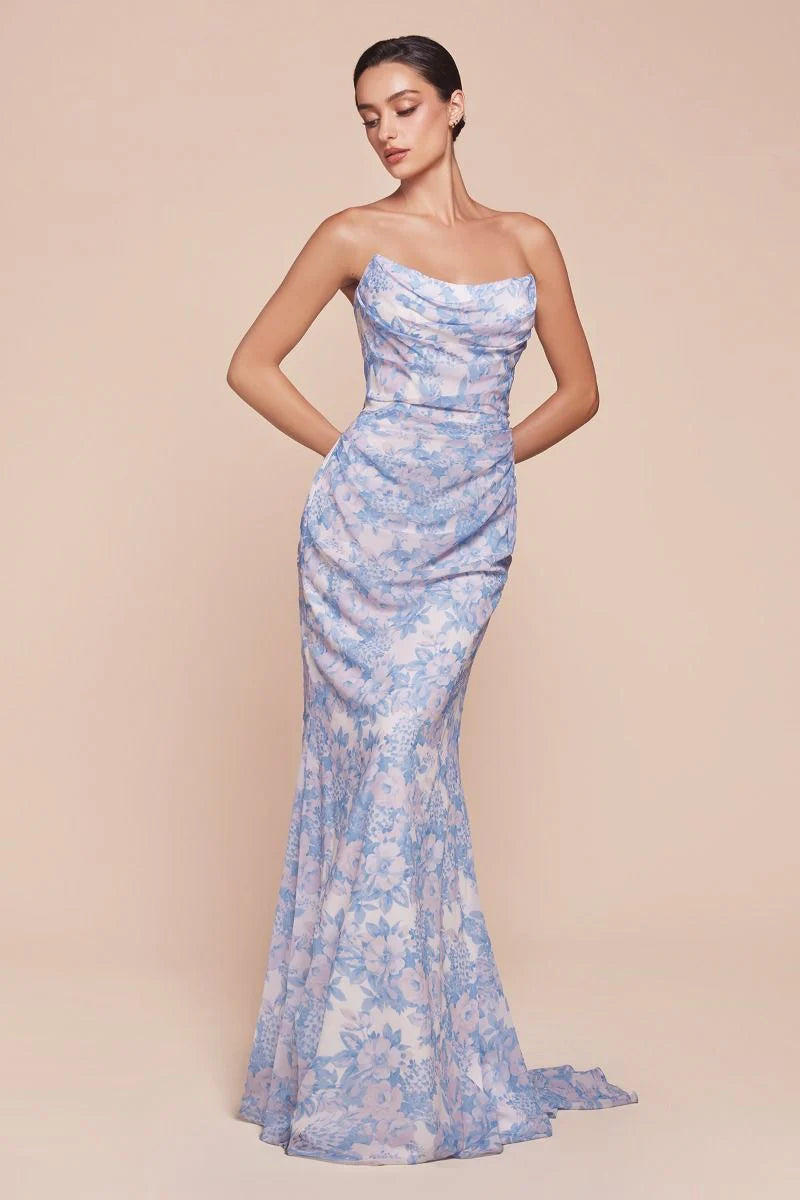 MARTA GOWN BLUE STRAPLESS FLORAL PRINTED SOFT CHIFFON DRESS