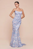 MARTA GOWN BLUE STRAPLESS FLORAL PRINTED SOFT CHIFFON DRESS