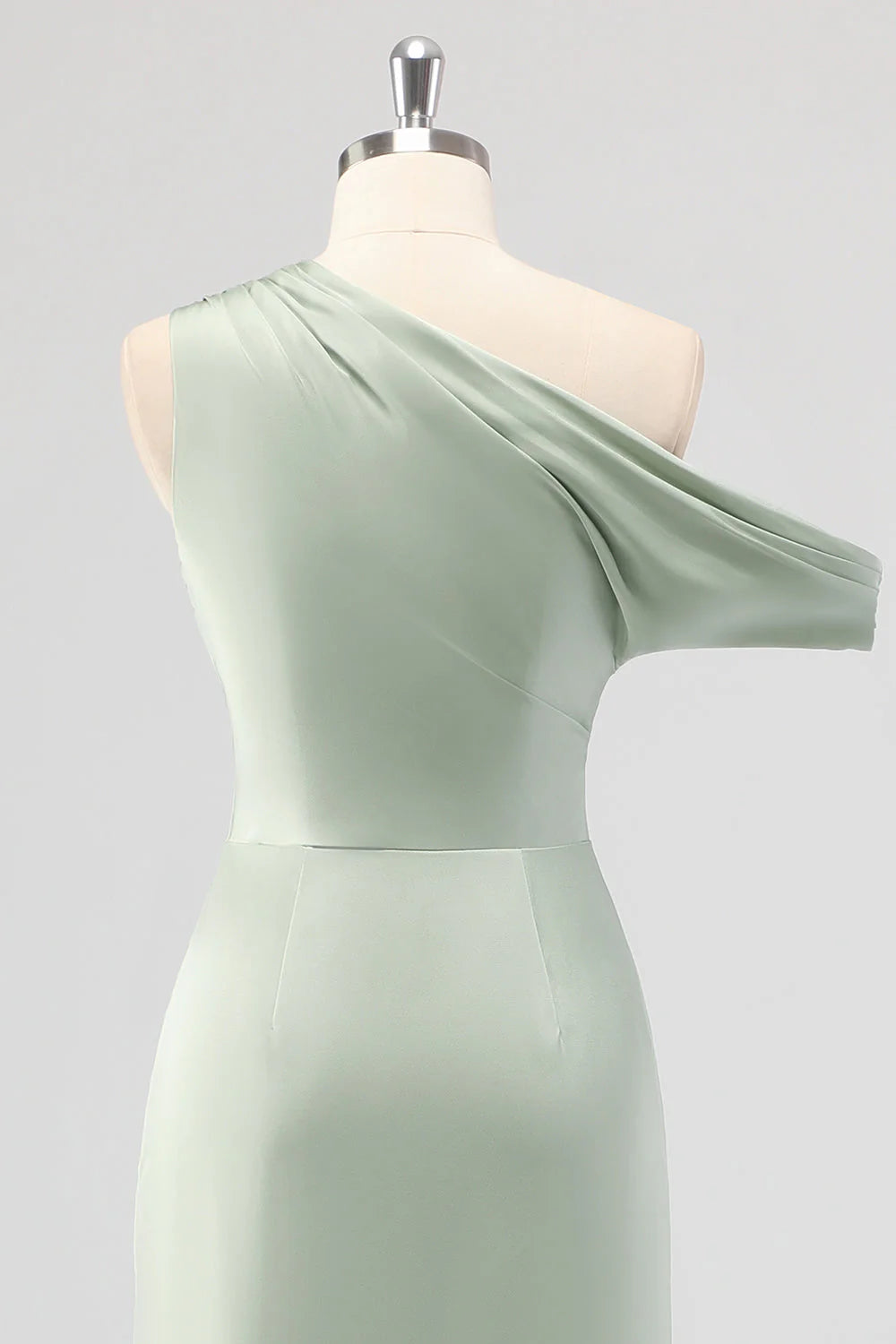Sage Green Sheath One Shoulder Satin Ruched Long Bridesmaid Dress with Slit