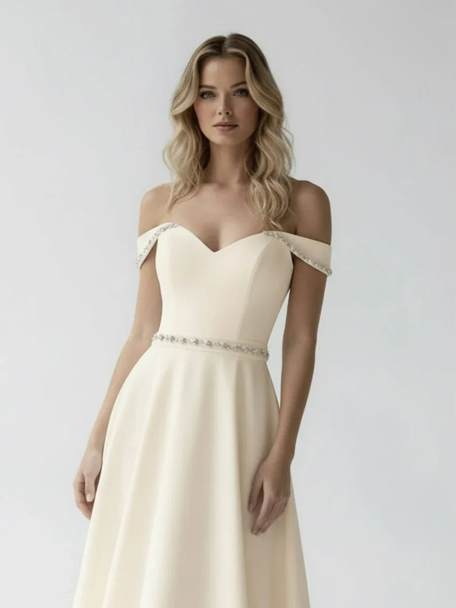 A Line Off the Shoulder Beaded Wedding Dress