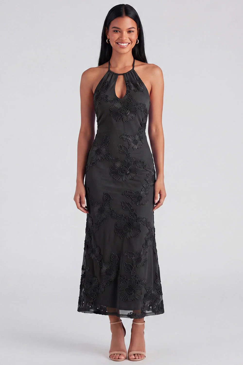 Halter Yellow Keyhole Mermaid Wedding Guest Dress with Appliques