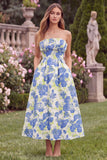 Blue Floral Strapless A Line Midi Wedding Guest Dress with Pockets