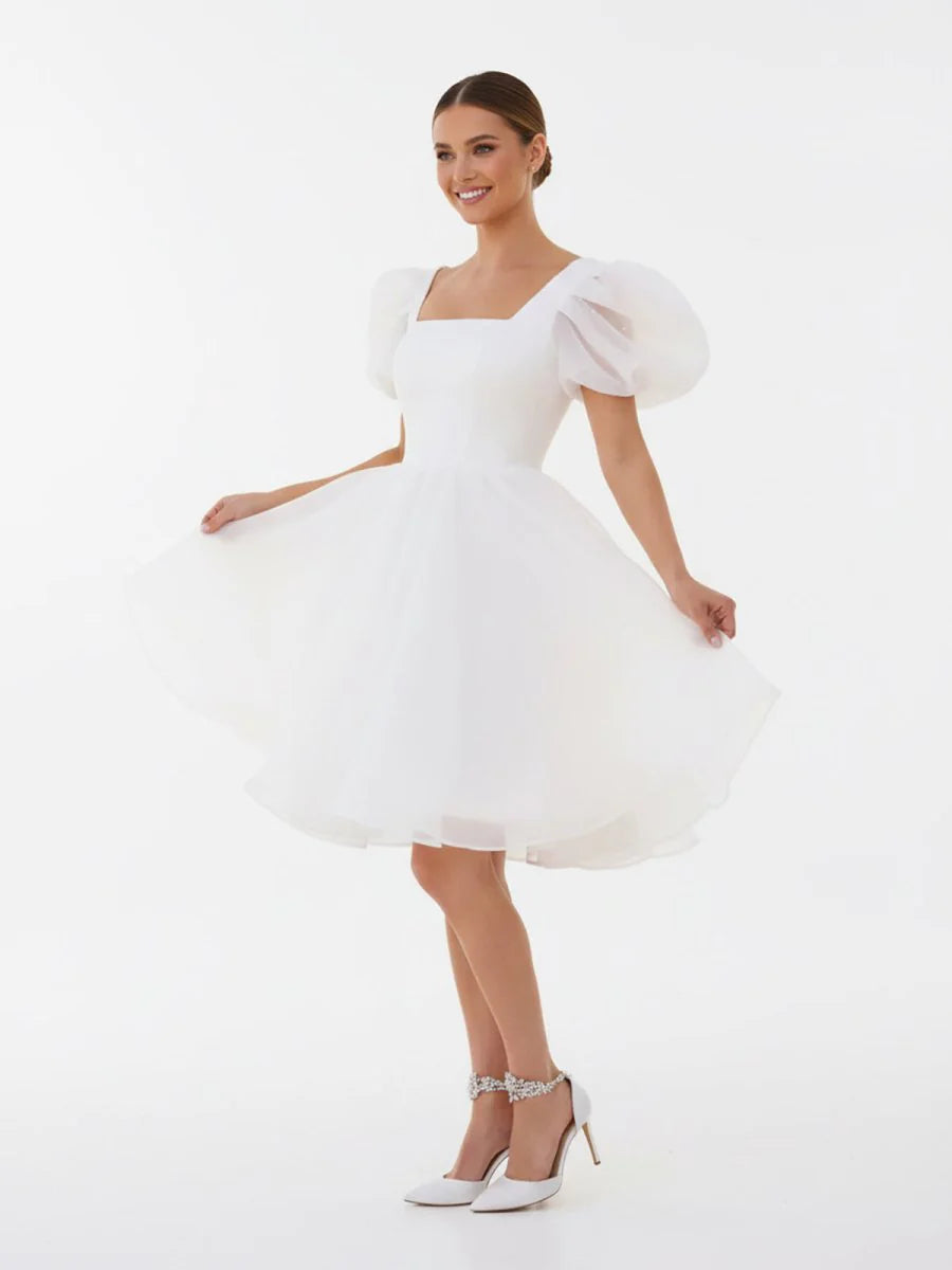 A Line Square Neck Short Wedding Dress With Puffy Pearls Sleeves