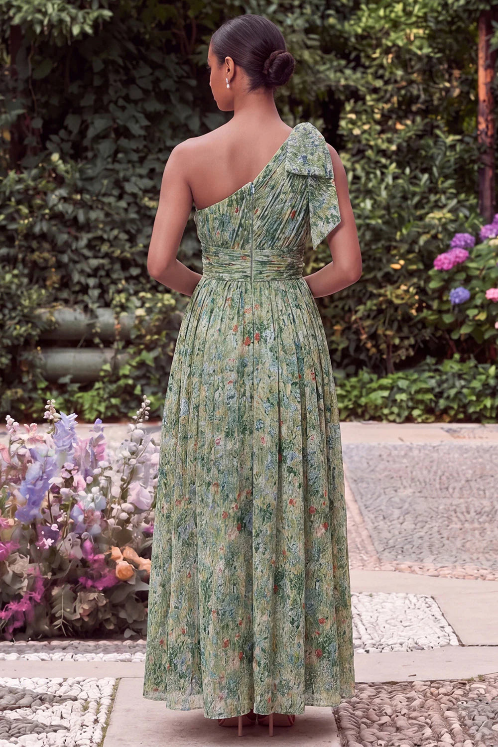 One Shoulder Sage Flower A Line Wedding Guest Dress with Bow