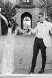 Mermaid V Neck Tulle Lace Sleeveless Ivory Wedding Dresses
