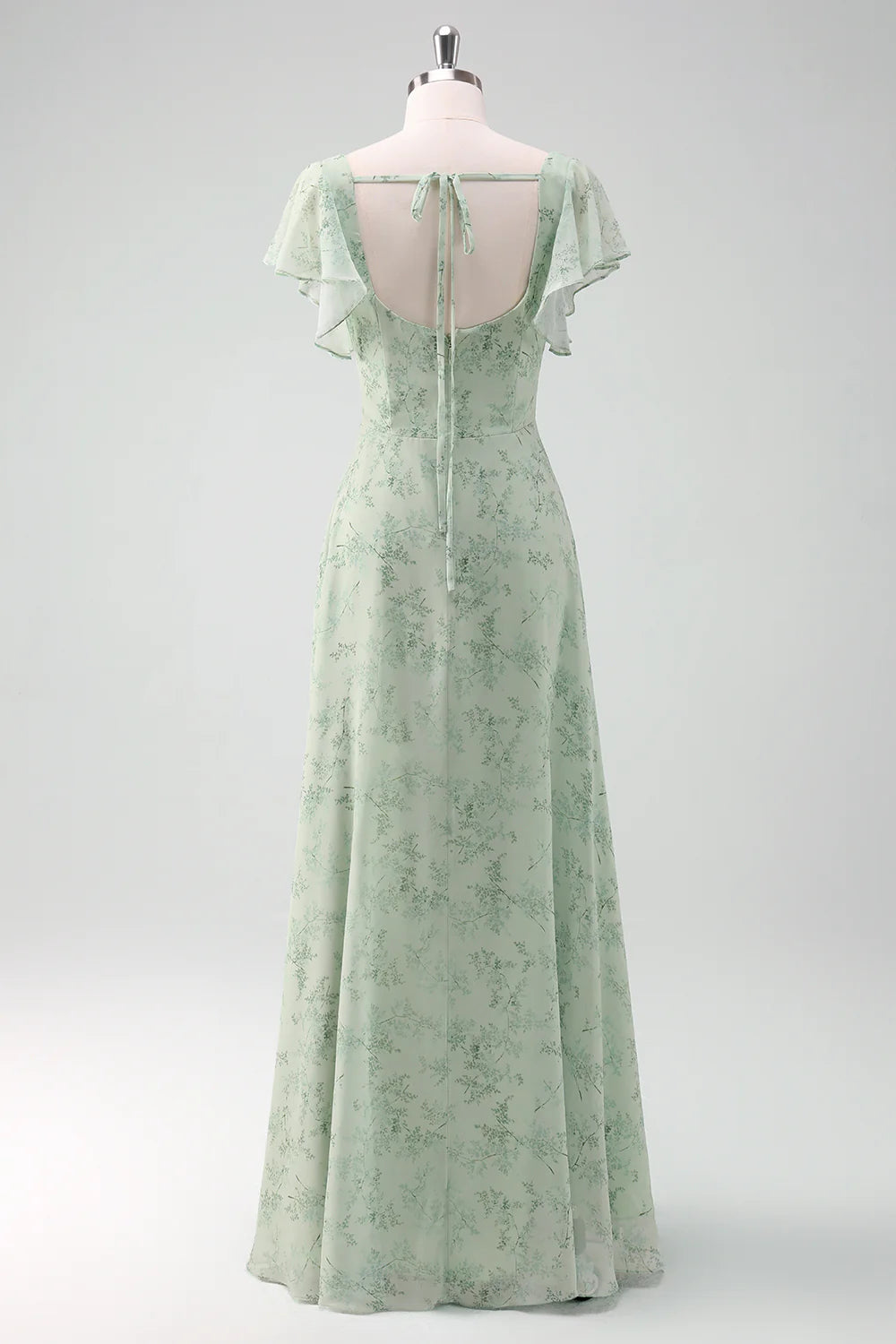 Dusty Sage A Line Square Neck Floor Length Print Bridesmaid Dress with Slit