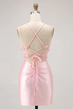 Candy Pink Bodycon Beaded Sheer Corset Short Homecoming Dress with Appliques