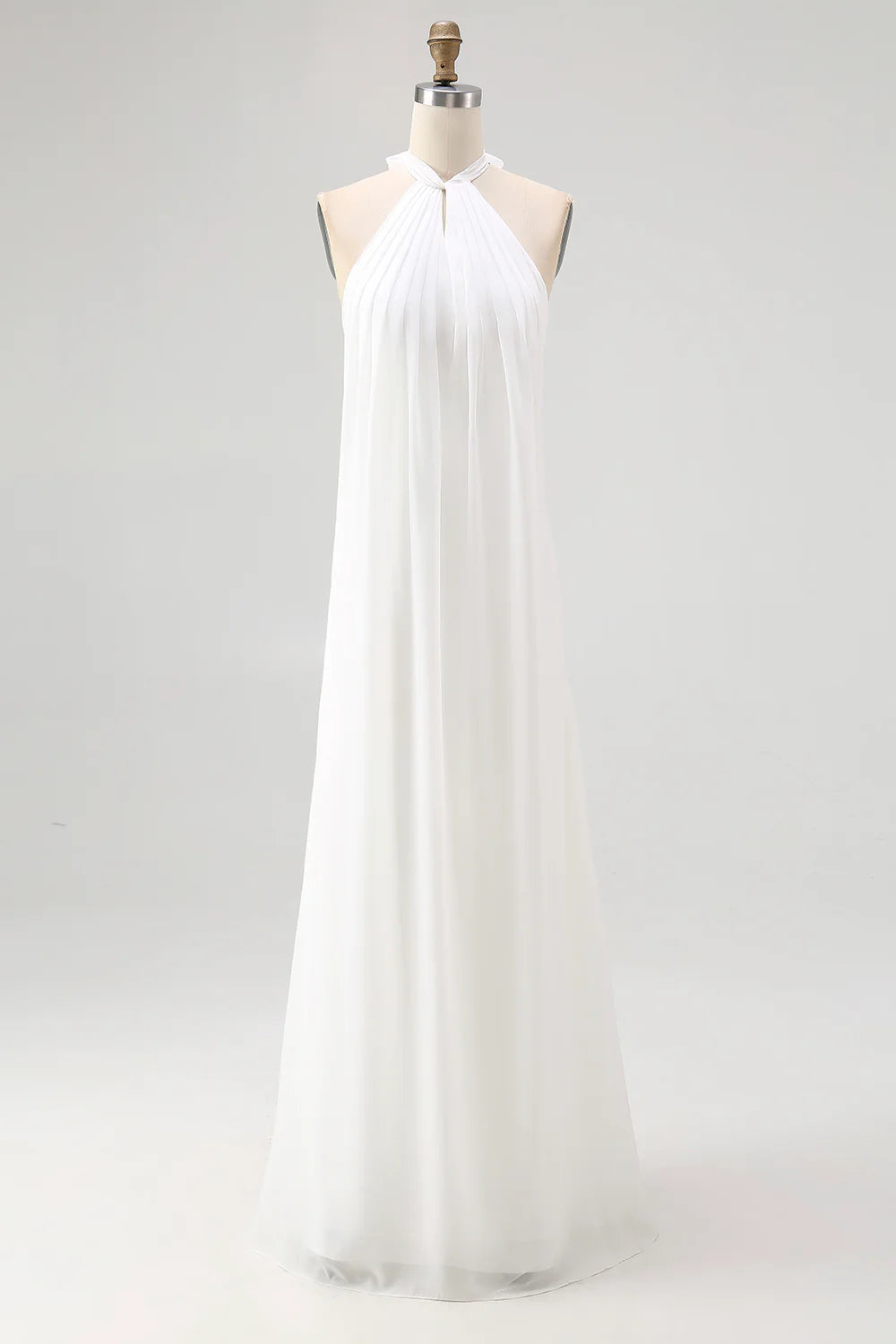 A Line Simple White Halter Long Engagement Dress