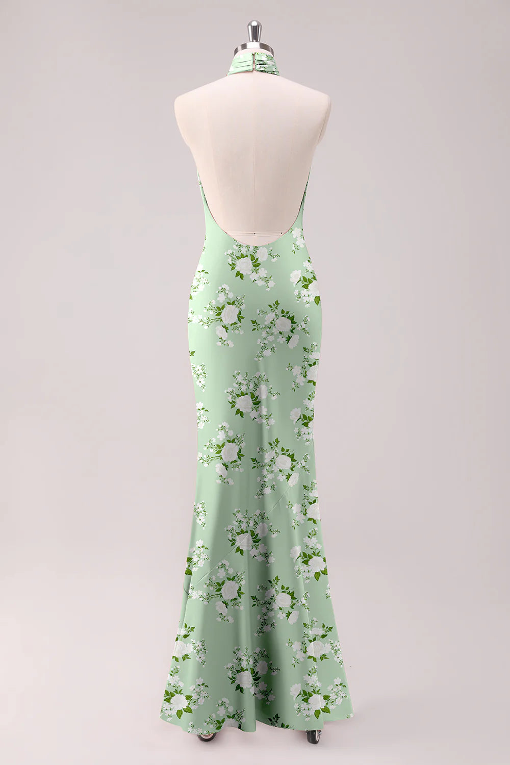 Sage White Flower Mermaid Halter Open Back Floor Length Satin Print Bridesmaid Dress