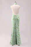 Sage White Flower Mermaid Halter Open Back Floor Length Satin Print Bridesmaid Dress