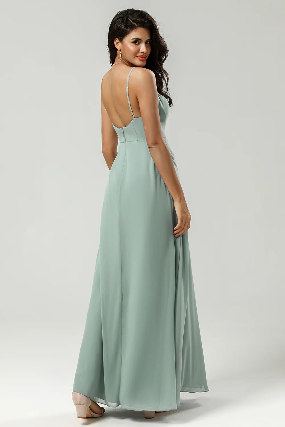 A Line Spaghetti Straps V Neck Floor Length Chiffon Bridesmaid Dress with Slit