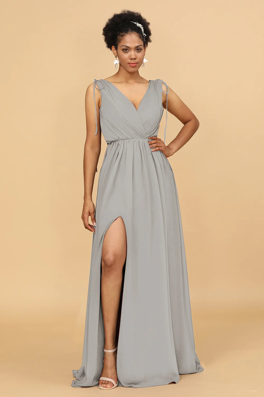 A Line Ruched V Neck Sleeveless Chiffon Bridesmaid Dress with Slit