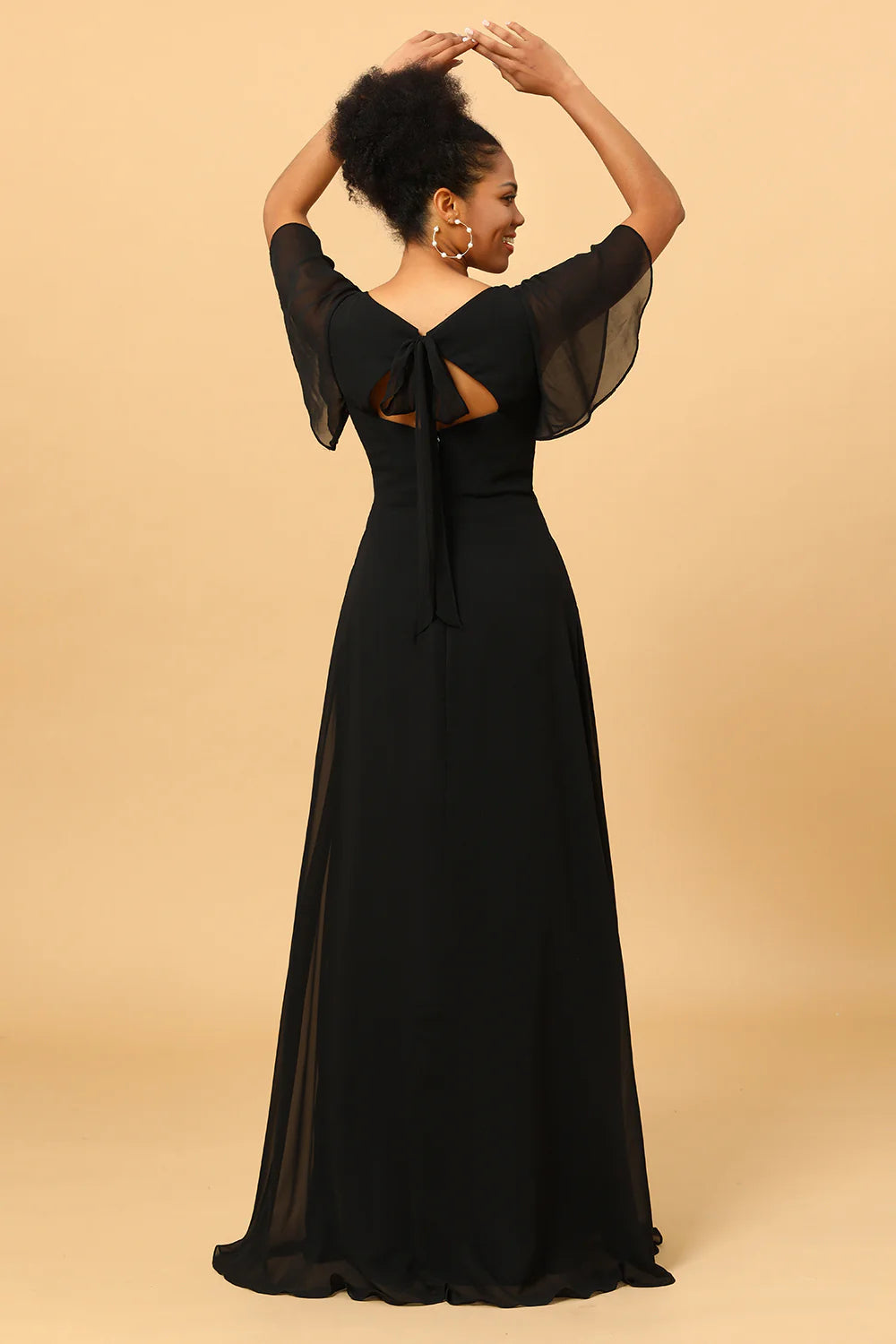Black A Line V Neck Long Chiffon Floor Length Dress with Slit