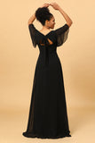 Black A Line V Neck Long Chiffon Floor Length Dress with Slit