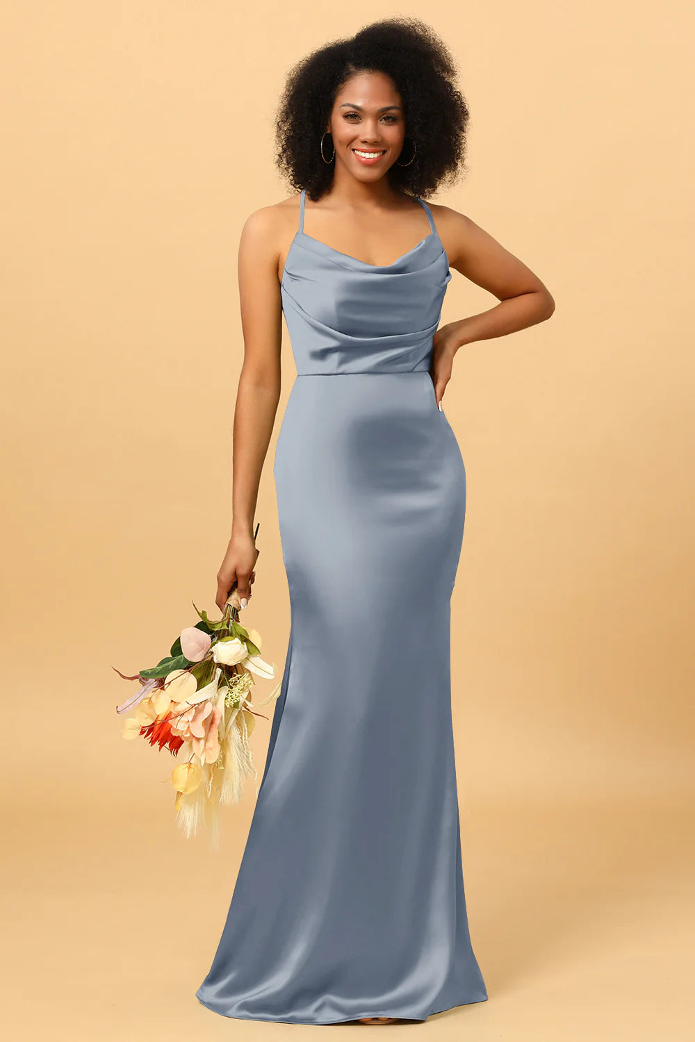 Mermaid Cowl Neckline Spaghetti Straps Long Satin Bridesmaid Dress