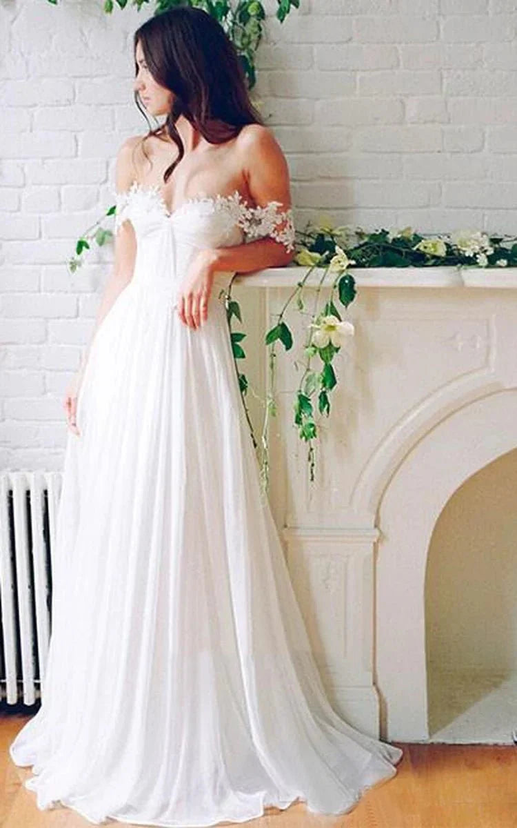 Beach Chiffon A line Floor Length Off Shoulder Bridal Gown With Pleats