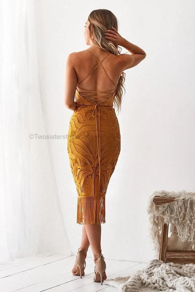 Khaleesi Dress Mustard Lace Dress With Fringe