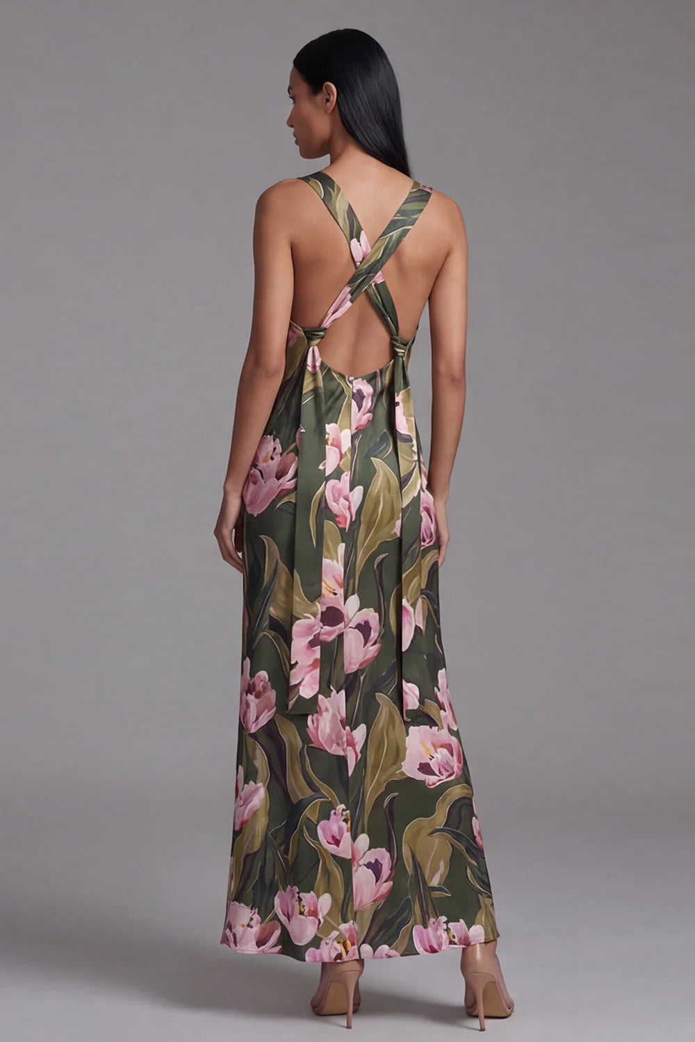 Olive Floral Square Neck Maxi Formal Dress
