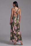 Olive Floral Square Neck Maxi Formal Dress