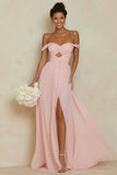 Off the Shoulder A Line Cut Out Blush Pink Bridesmaid Dress with Slit