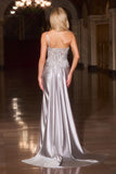 Kendra Gown Silver Dress With Train Skirt Inset Detail