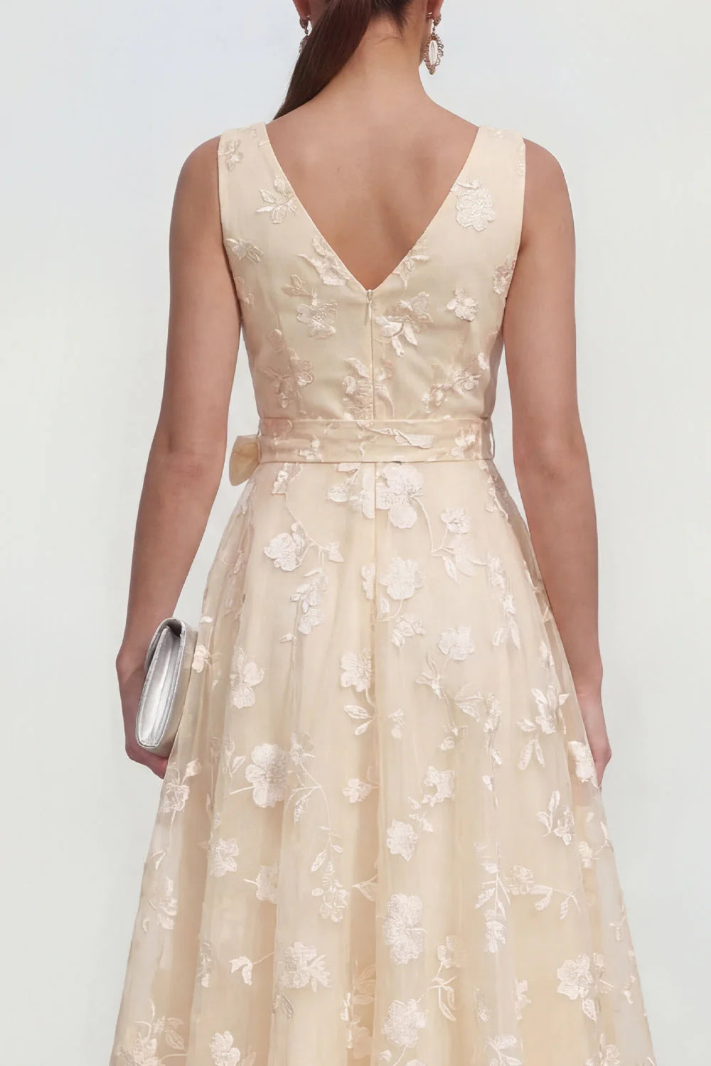 Blue Floral A Line Midi Wedding Guest Dress with Bow