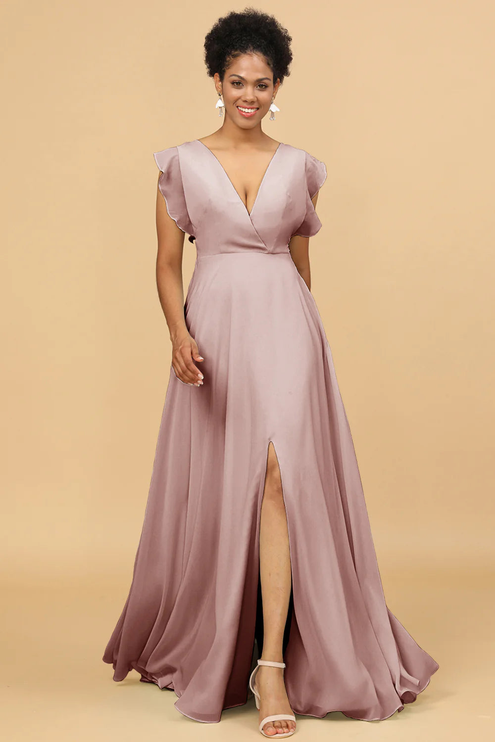 A Line V Neck Floor Length Chiffon Bridesmaid Dress with Slit