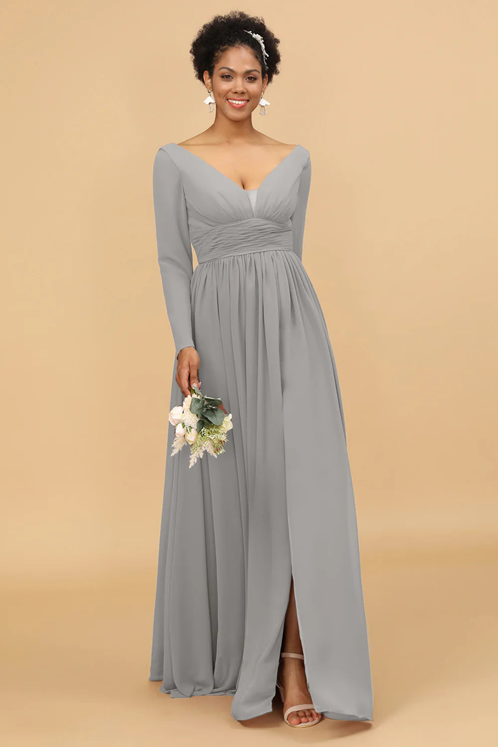 A Line V Neck Long Sleeves Chiffon Bridesmaid Dress with Slit