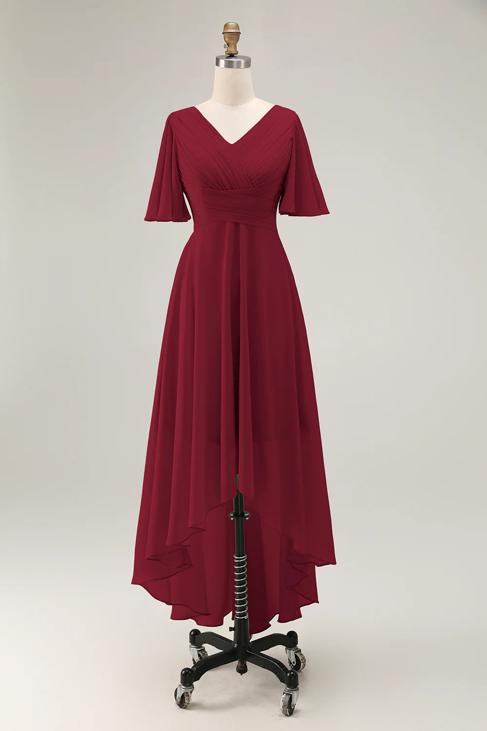 Sage Green A Line Chiffon Pleated High Low Bridesmaid Dress with Short Sleeves
