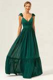 Dark Green A Line Off The Shoulder Chiffon Ruched Long Bridesmaid Dress