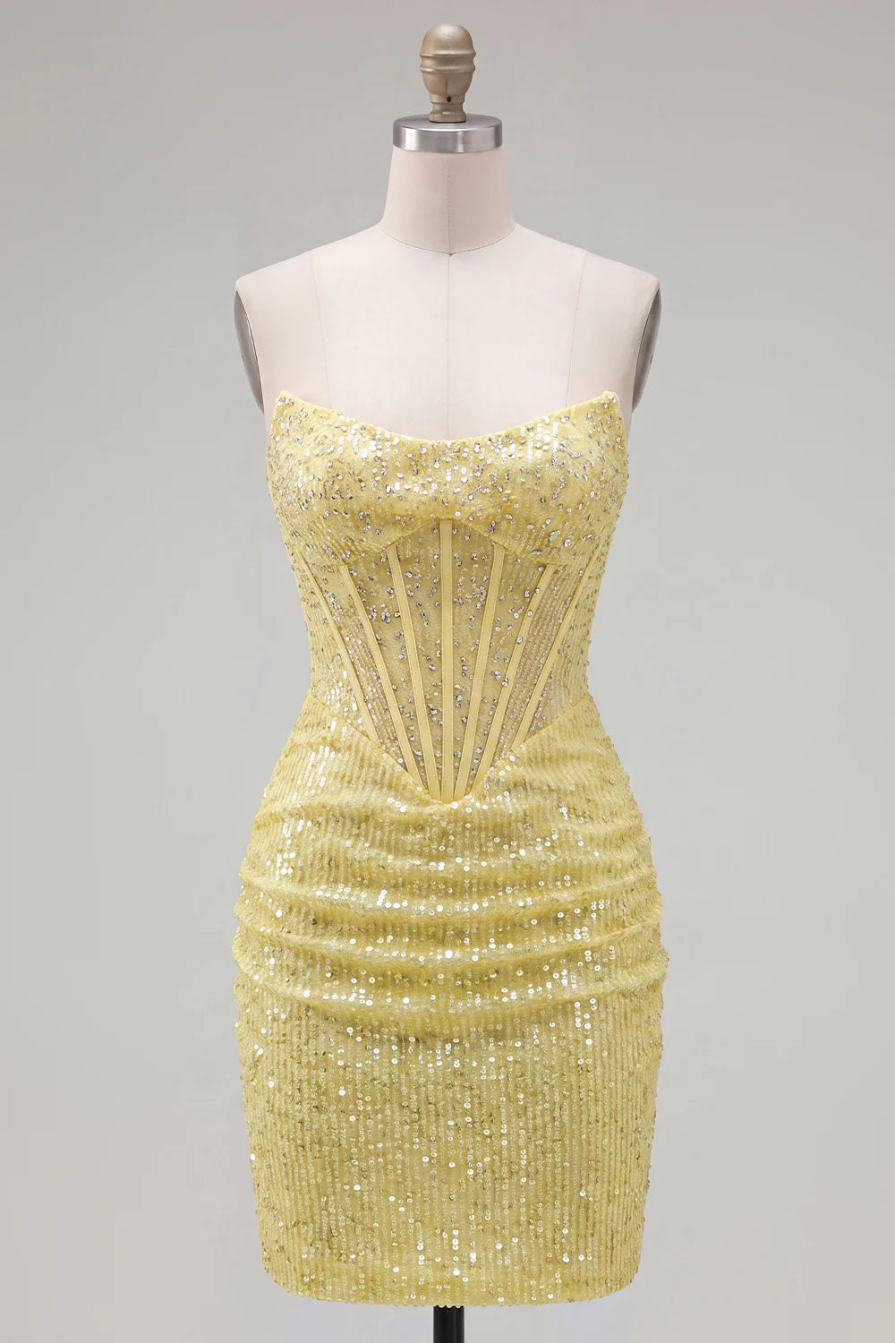 Yellow Bodyocn Strapless Beaded Corset Sequin Homecoming Dress