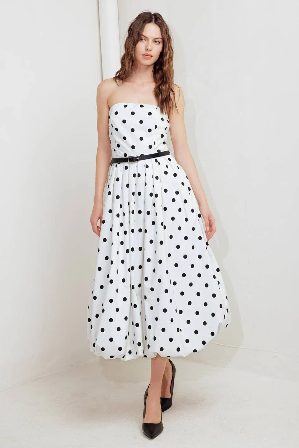 WHITE BLACK POLKA DOT BUBBLE HEM MIDI DRESS