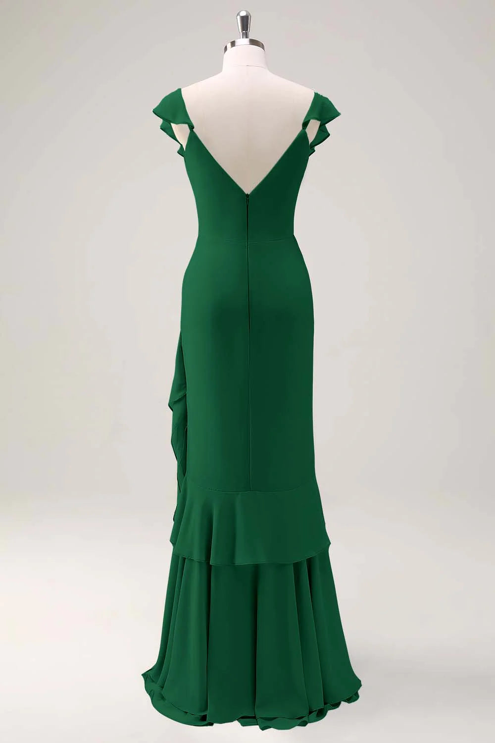 Dusty Sage Sheath V Neck Open Back Chiffon Long Bridesmaid Dress with Ruffles