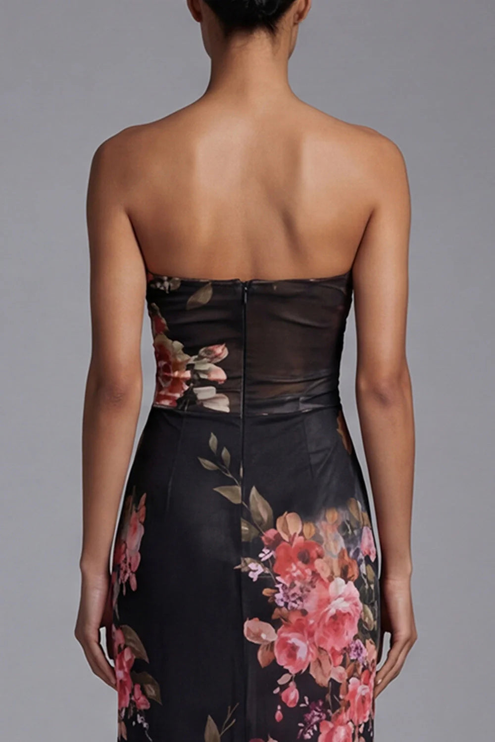 Strapless Mermaid Ruched Black Cut Out Floral Formal Dress