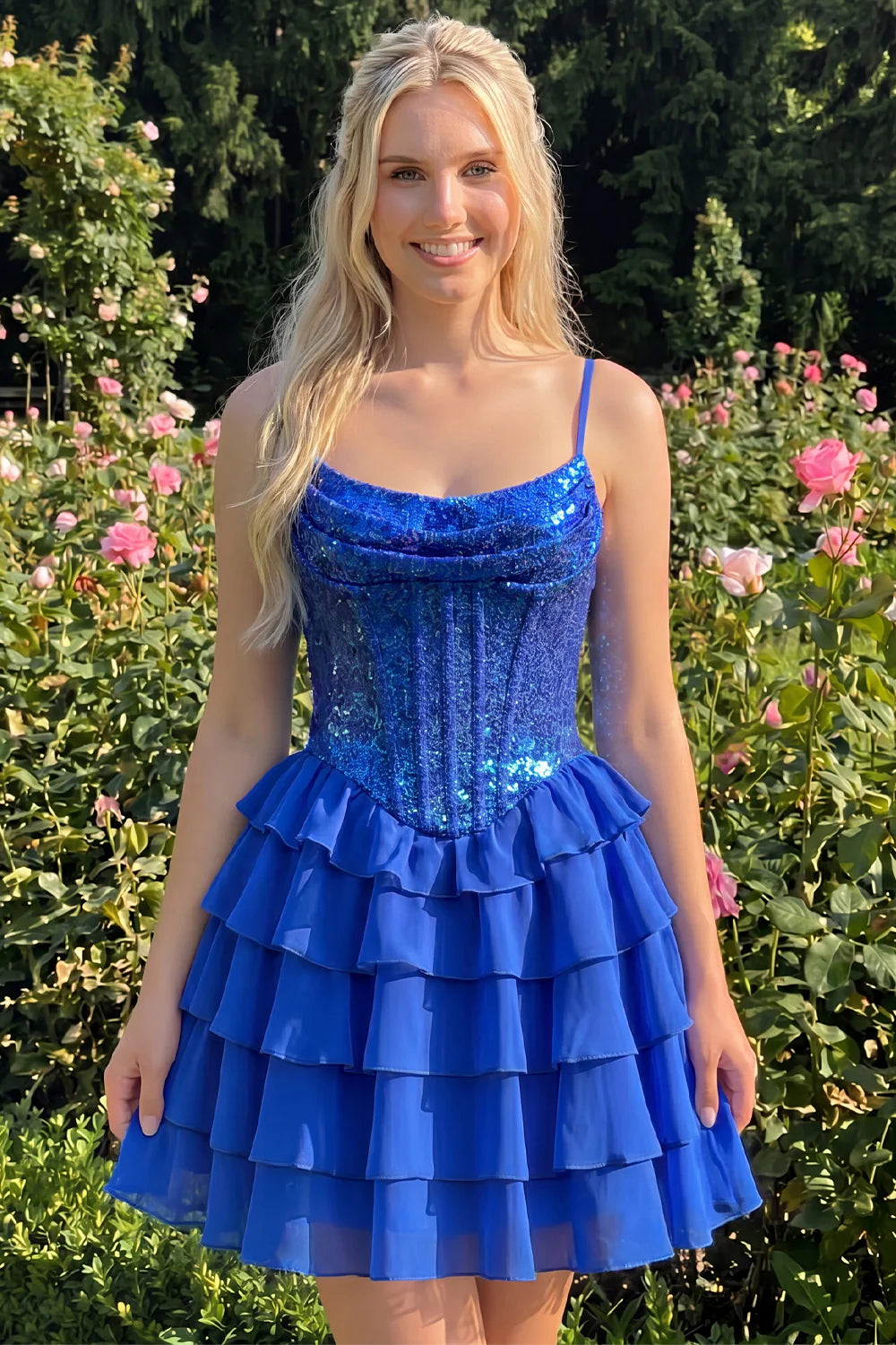 Champagne A Line Sequin Tiered Ruffle Short Homecoming Dress