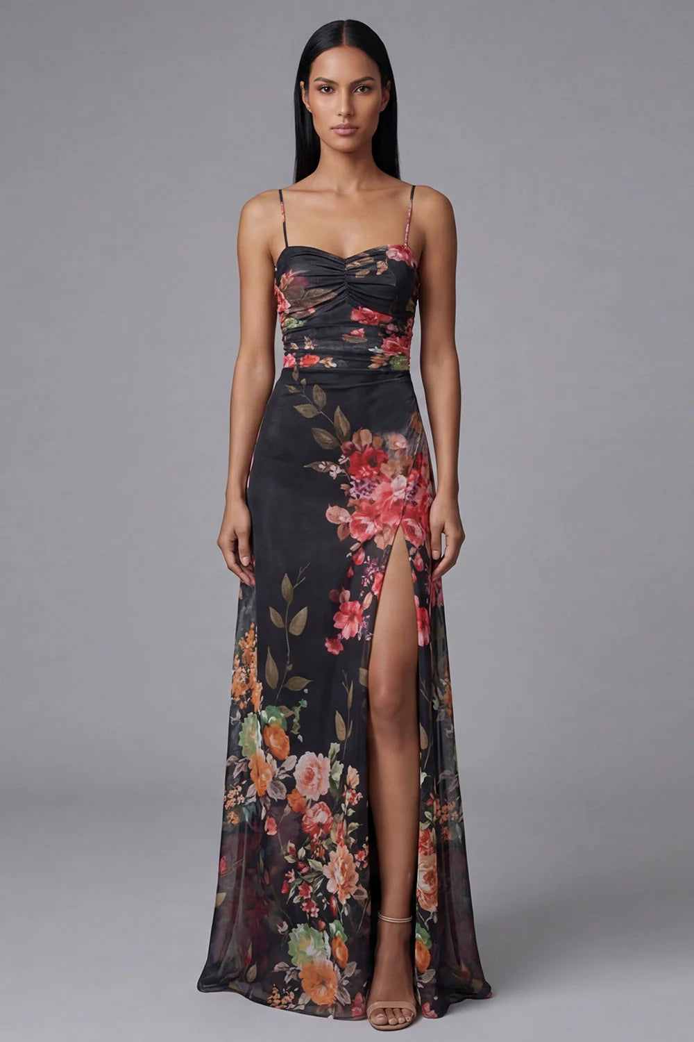 Floral Printed Ivory Ruched Long Formal Dress with Slit