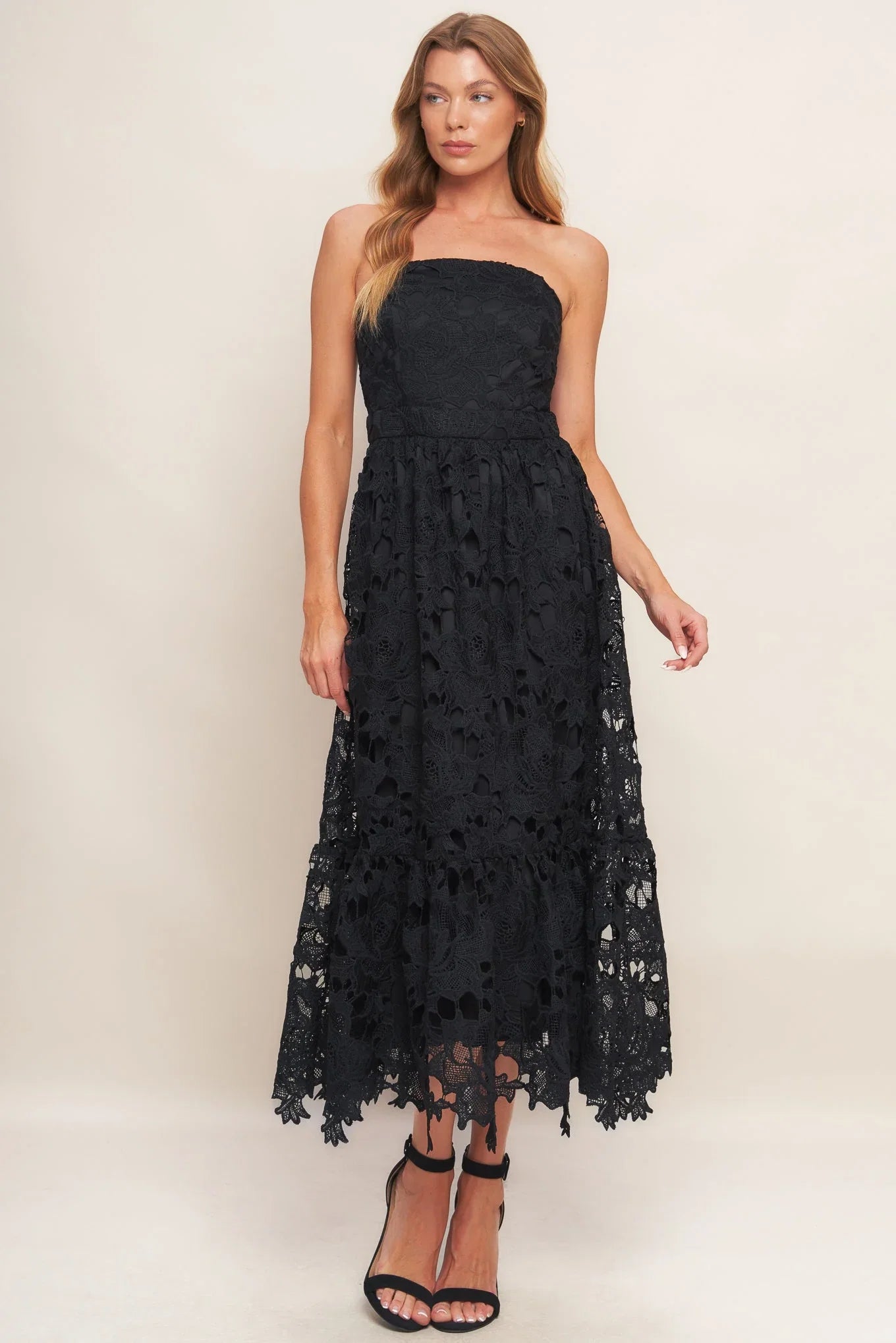 CAREFREE NIGHTS LACE MIDI DRESS BLACK FINAL SALE