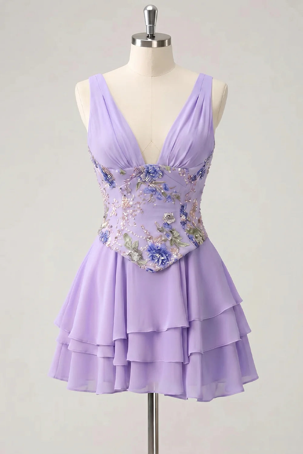Pink Floral Appliqued V Neck Tiered A Line Homecoming Dress