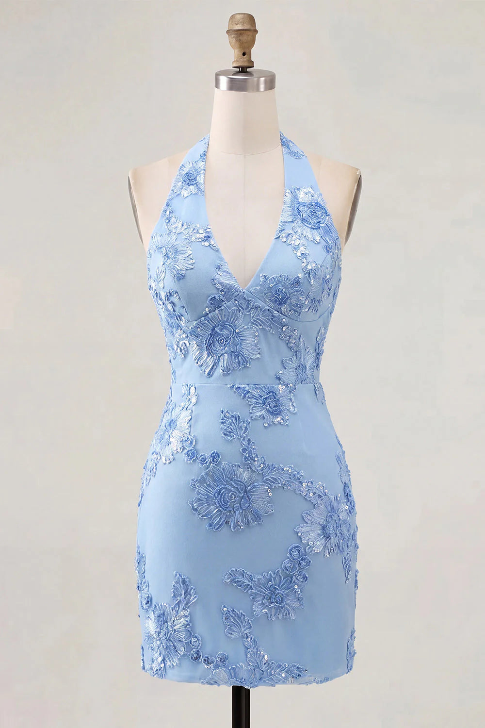 Light Blue Halter Bodycon Floral Short Homecoming Dress