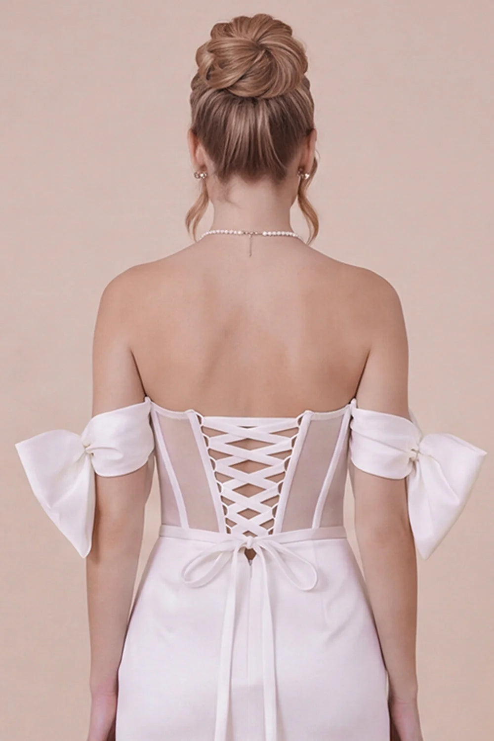 Satin Bodycon Off the Shoulder White Graduation Dress with Bows